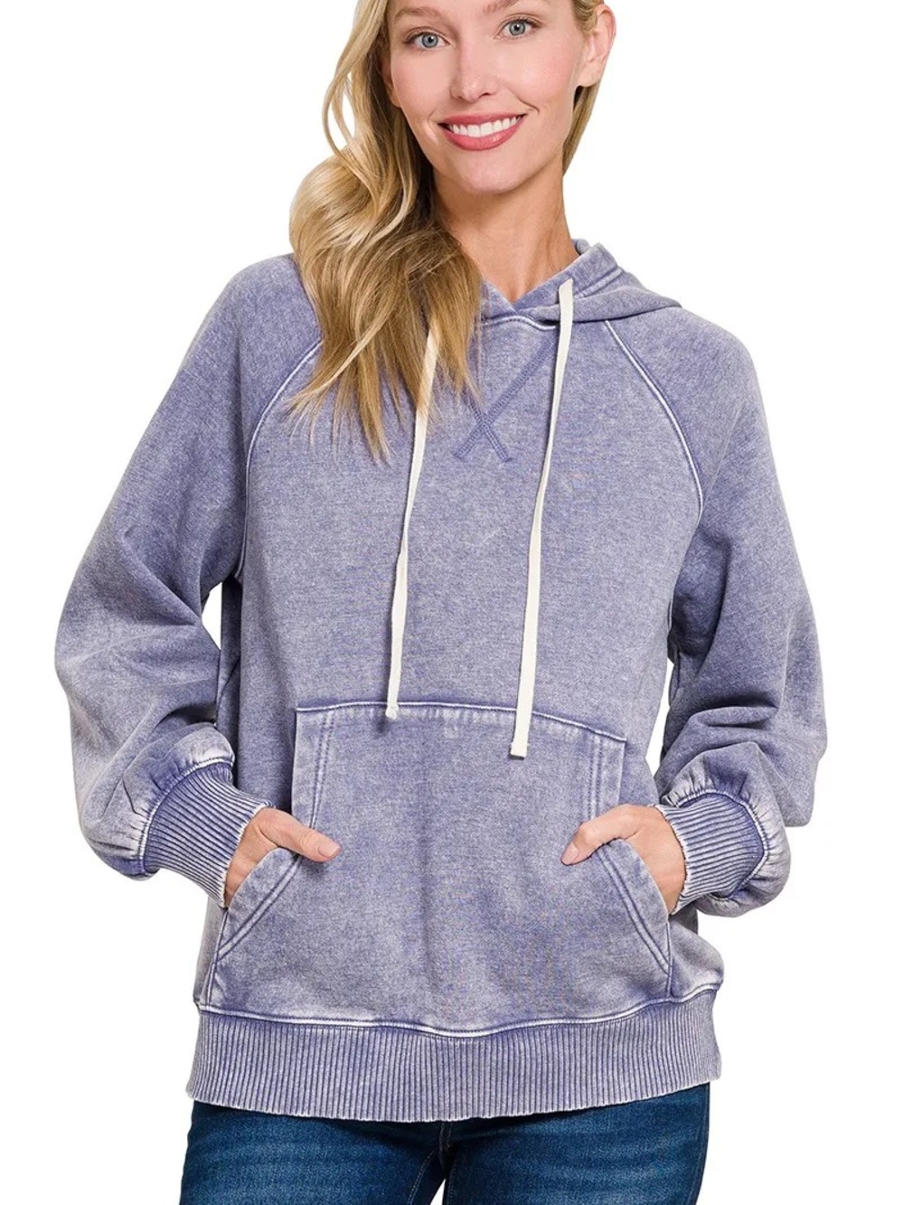 Zenana Blue Acid Washed fleece Pullover Hoodie Kangaroo Pouch Sweatshirt Cozy